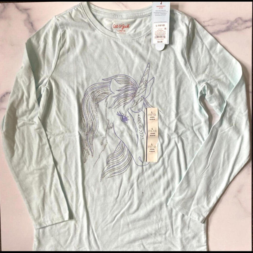 Girls Unicorn Shirt Lt Turquoise w/ Glitter Purple & Silver Unicorn 10-12  NWT